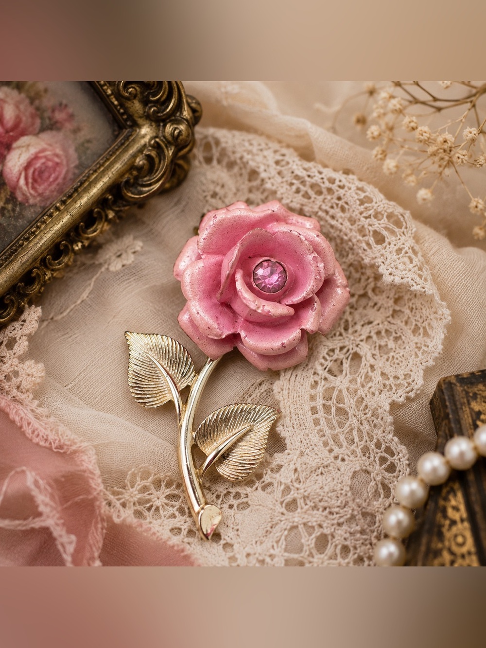 Vintage Sarah Coventry Princess Pink Rose Brooch Gold Tone Rhinestone Floral Pin